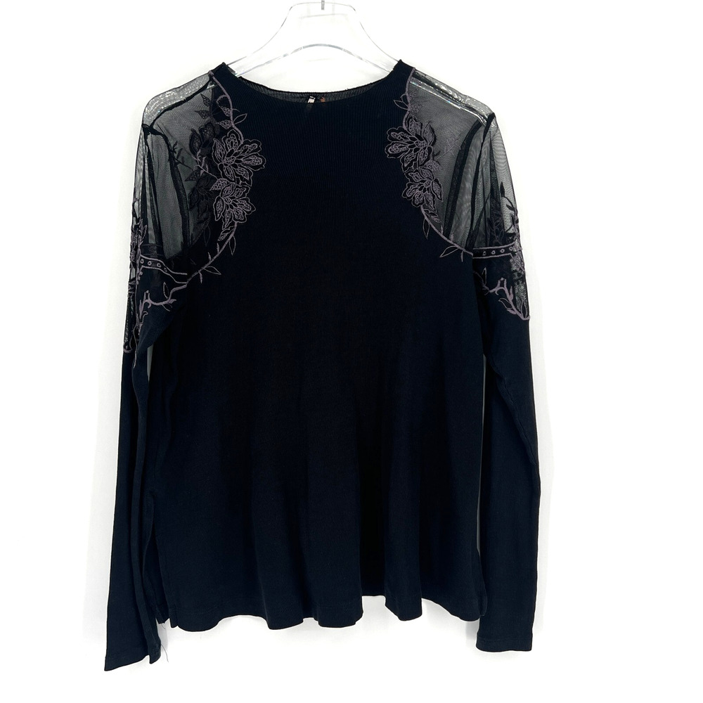 Free People Top Womens S Daniella‎ Black Ribbed Mesh Floral Shoulder Embroidered